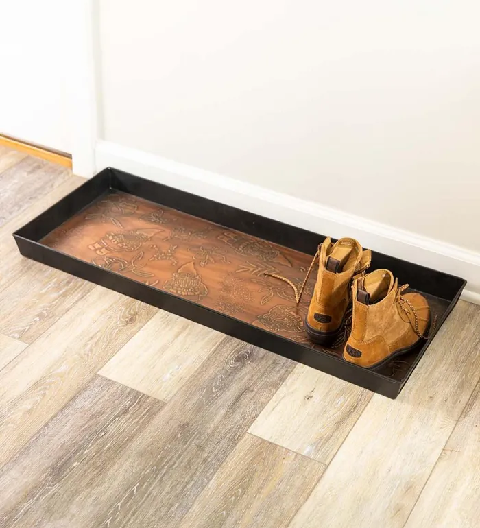 Outdoor Living Embossed Metal Garden Gnome Boot Tray Plow and Hearth Doormats and Boot Trays