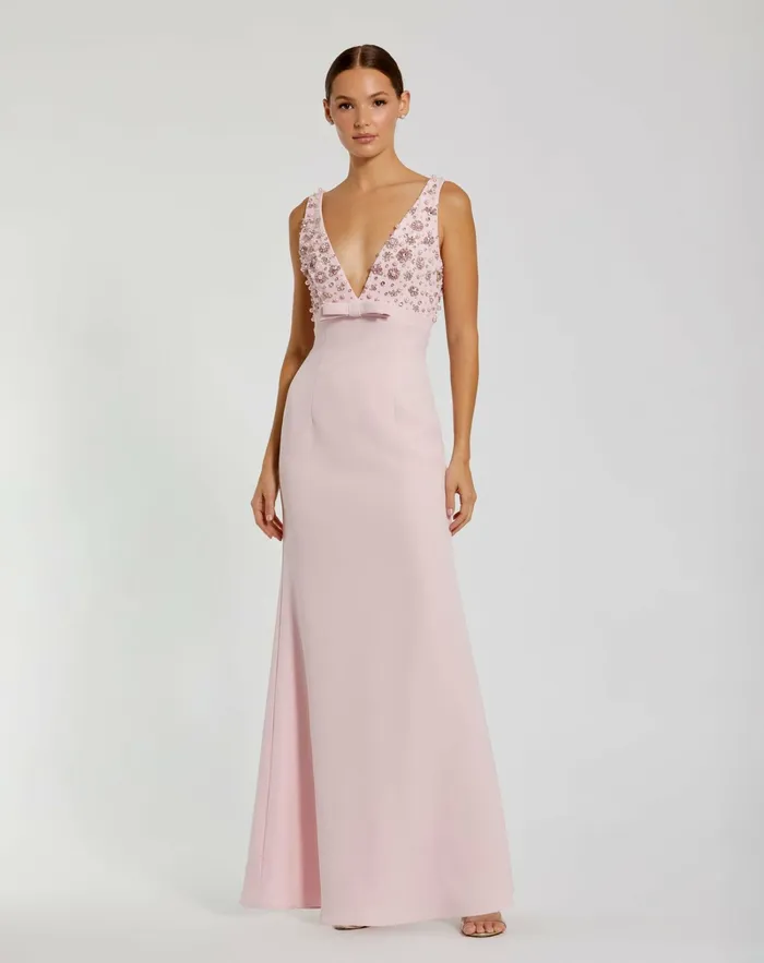 Pink Crepe Sleeveless Beaded V Neck Gown With Bow Blush Evening Gowns Mac Duggal Women