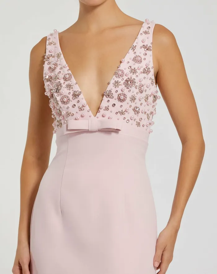 Pink Crepe Sleeveless Beaded V Neck Gown With Bow Blush Evening Gowns Mac Duggal Women