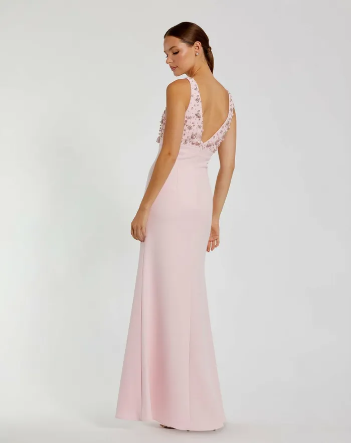 Pink Crepe Sleeveless Beaded V Neck Gown With Bow Blush Evening Gowns Mac Duggal Women