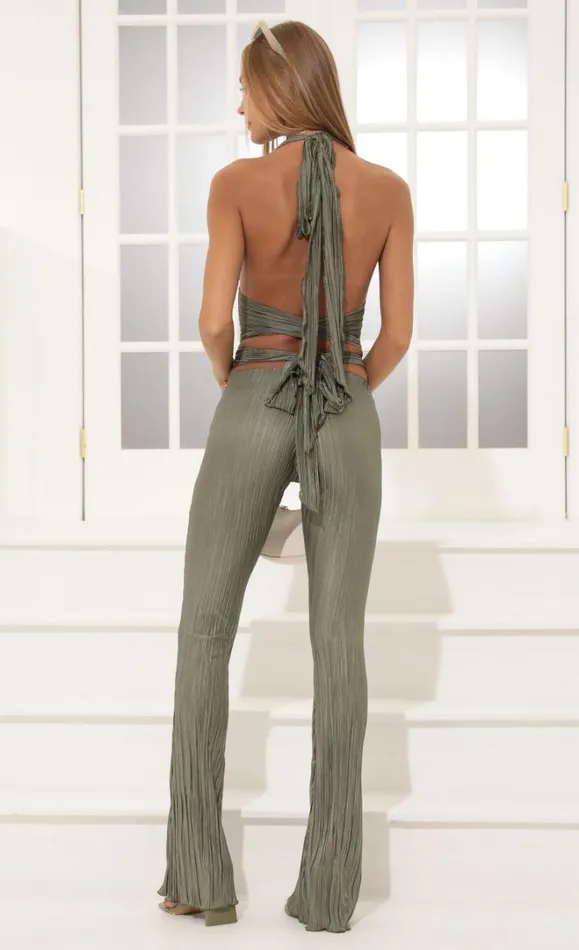 Pleated Satin Two Piece Pant Set Green Women LUCY IN THE SKY Pants Pleated Satin Two Piece Pant Set Green Women LUCY IN THE SKY Pants