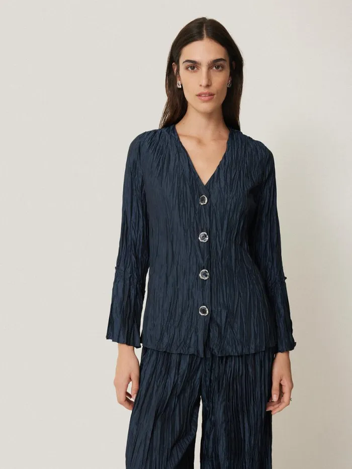Plisse Button Up Top Navy Women Jigsaw Party