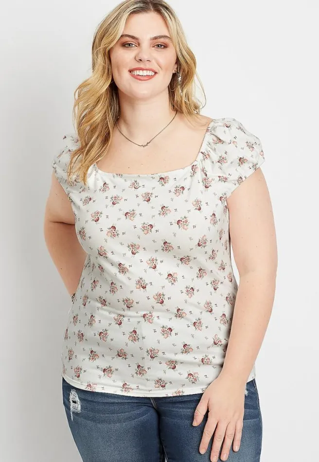 Plus Size 247 White Short Capped Sleeve Floral Tee Women Maurices Plus Tops