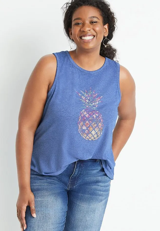 Plus Size Blue Metallic Pineapple Graphic Tank Top Women Maurices Plus Tops