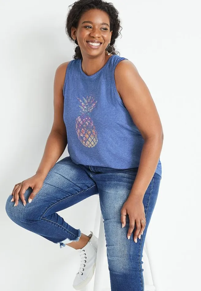 Plus Size Blue Metallic Pineapple Graphic Tank Top Women Maurices Plus Tops