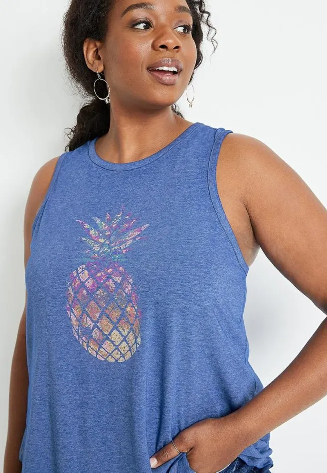 Plus Size Blue Metallic Pineapple Graphic Tank Top Women Maurices Plus Tops