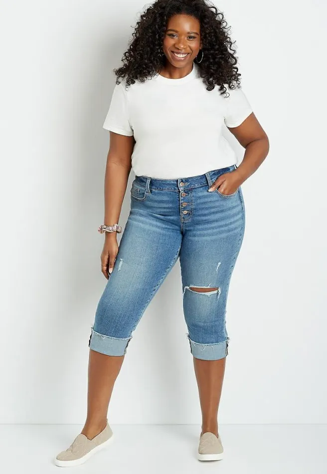 Plus Size Denimflex Medium Destructed Button Fly Cuffed Capri Women Maurices Plus Bottoms Plus Size Denimflex Medium Destructed Button Fly Cuffed Capri Women Maurices Plus Bottoms