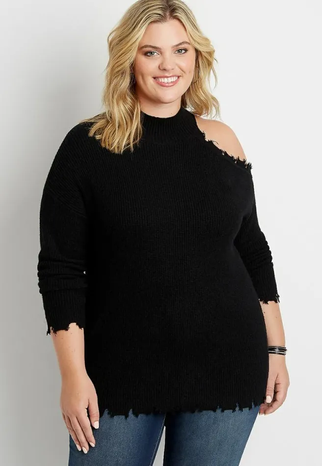 Plus Size Destructed Asymmetrical Cold Shoulder Pullover Sweater Women Maurices Plus Tops