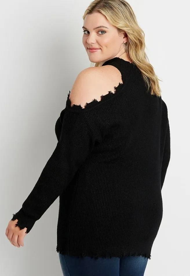 Plus Size Destructed Asymmetrical Cold Shoulder Pullover Sweater Women Maurices Plus Tops