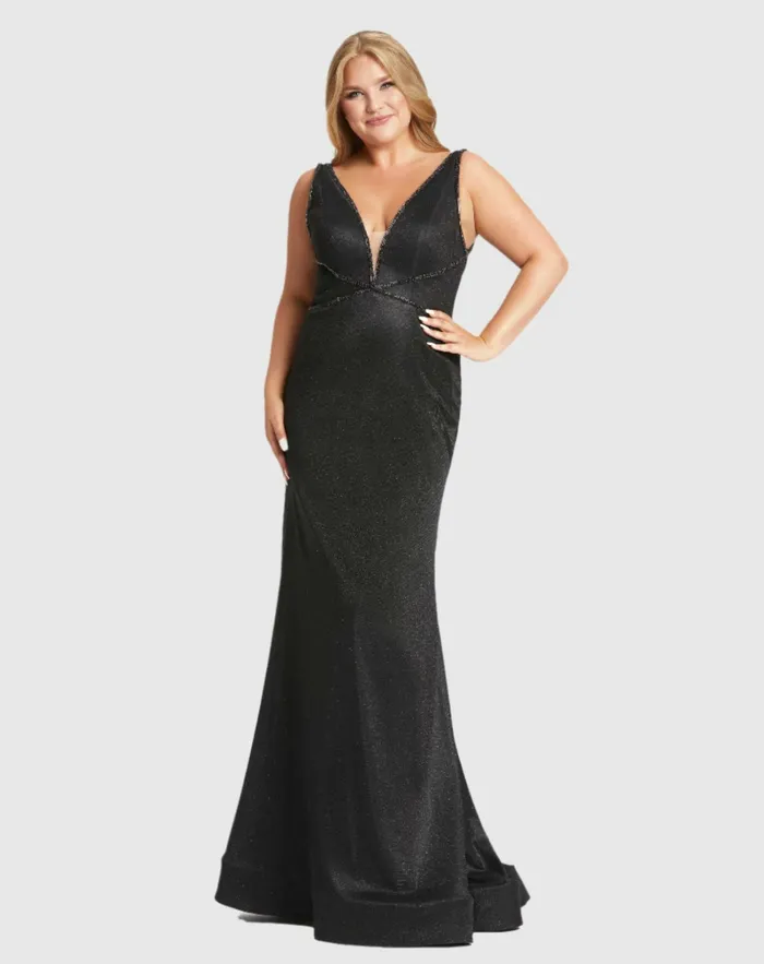 Plus Size Dresses Mac Duggal Women Sleeveless Metallic Trumpet Gown Plus Black