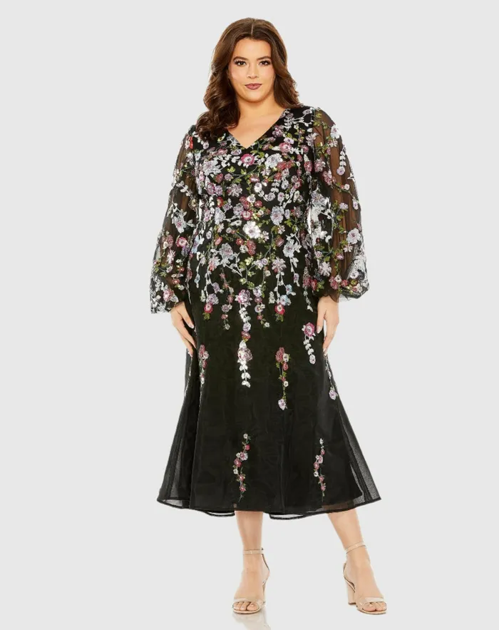 Plus Size Dresses Women Puff Sleeve Embellished A Line Dress Black Multi Mac Duggal