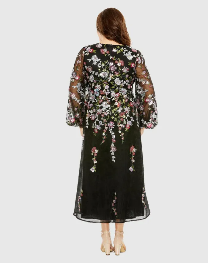 Plus Size Dresses Women Puff Sleeve Embellished A Line Dress Black Multi Mac Duggal