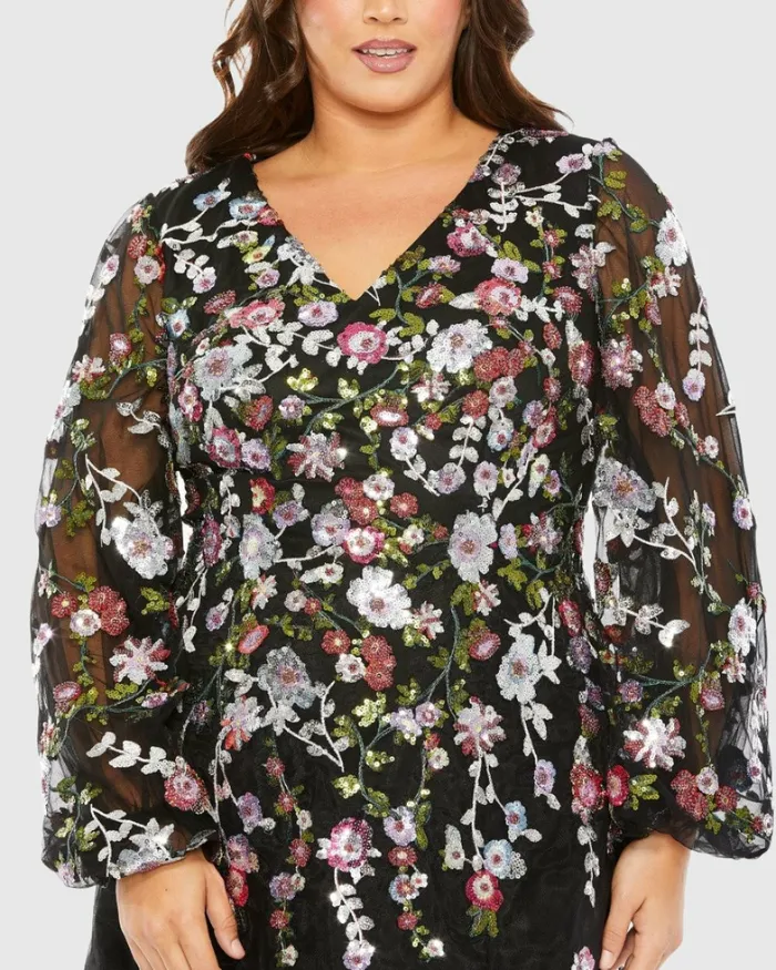 Plus Size Dresses Women Puff Sleeve Embellished A Line Dress Black Multi Mac Duggal