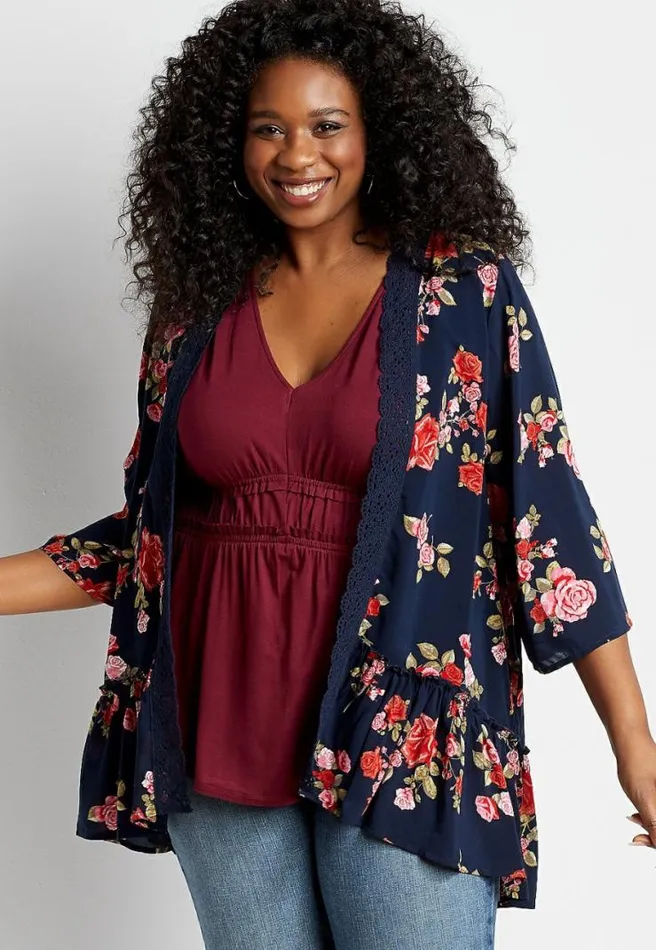 Plus Size Navy Floral Crochet Trim Kimono Women Maurices Plus Tops