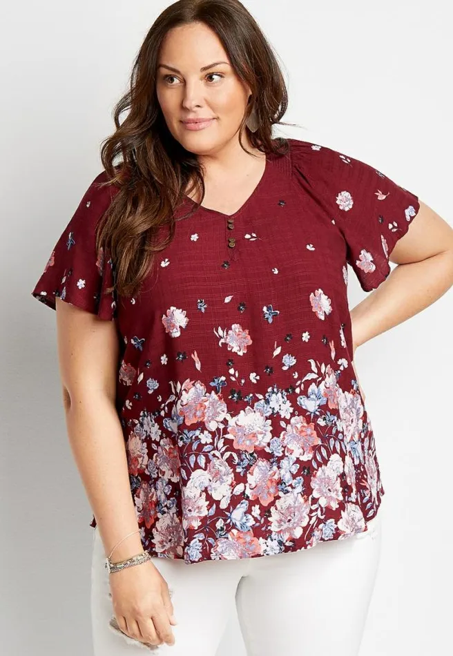 Plus Size Red Floral Flutter Sleeve Button Front Top Women Maurices Plus Tops