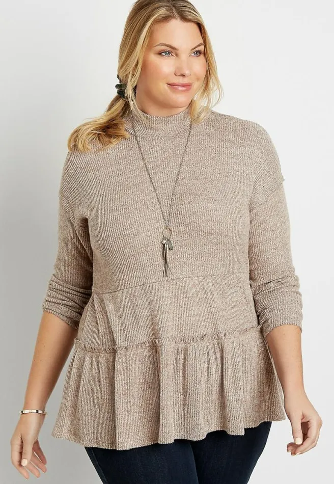 Plus Size Solid Ribbed Mock Neck Babydoll Top Women Maurices Plus Tops