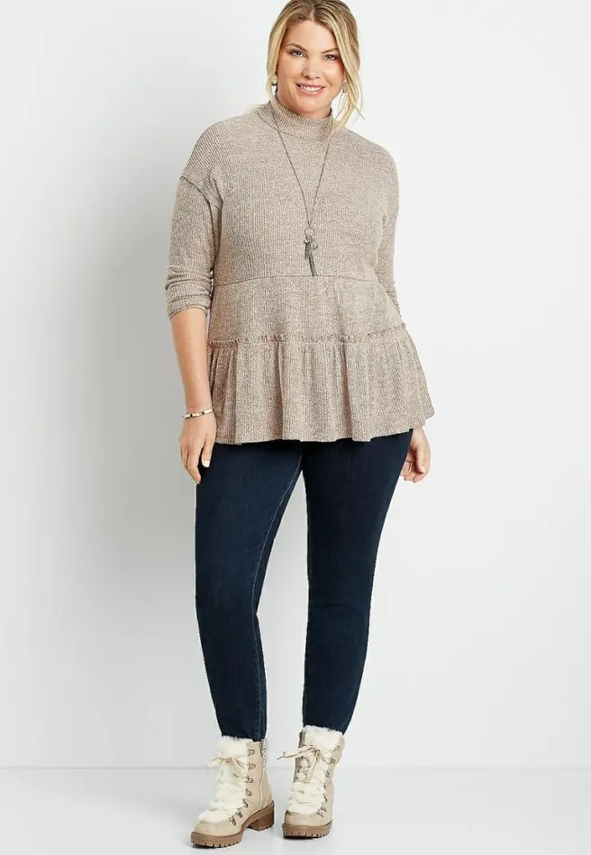 Plus Size Solid Ribbed Mock Neck Babydoll Top Women Maurices Plus Tops