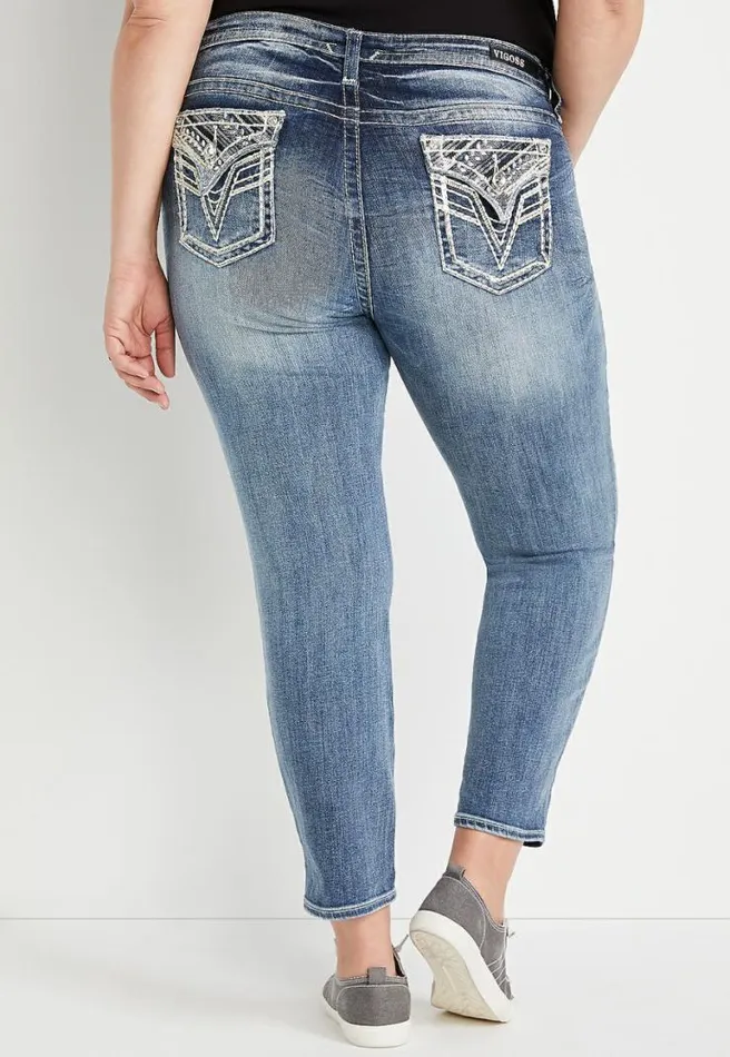 Plus Size Vigoss Medium Wash Embellished Flap Pocket Skinny Jean Women Maurices Plus Jeans