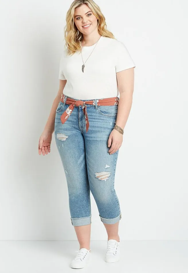 Plus Size Vintage Destructed Belted Boyfriend Cropped Jean Women Maurices Plus Bottoms