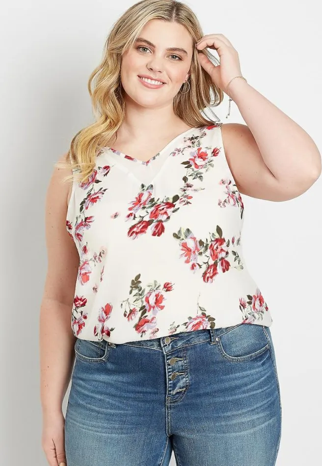 Plus Size White Floral Sheer Inset V Neck Tank Top Women Maurices Plus Tops