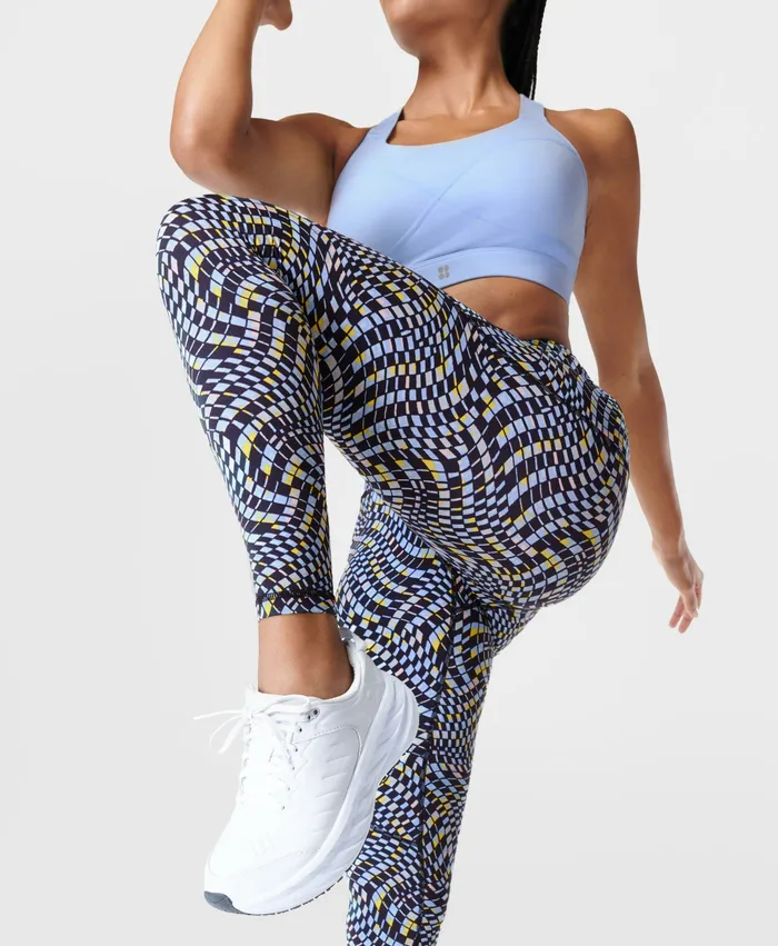Pocketed Sweaty Betty Women Power Gym Leggings Blue Fluid Check Print