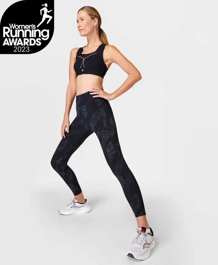 Pocketed Sweaty Betty Women Zero Gravity 78 Reflective Running Leggings Black Strobe Reflective Print