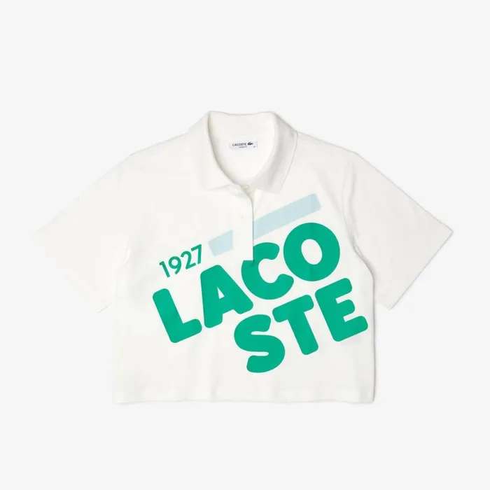 Polos MenWomen Lacoste Women039s Loose Fit Printed Organic Cotton Polo White 70v