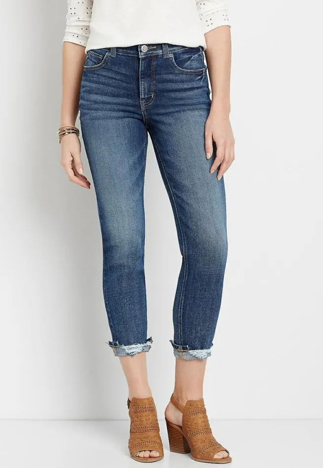 Premium High Rise Dark Destructed Hem Slim Straight Leg Jean Women Maurices Jeans
