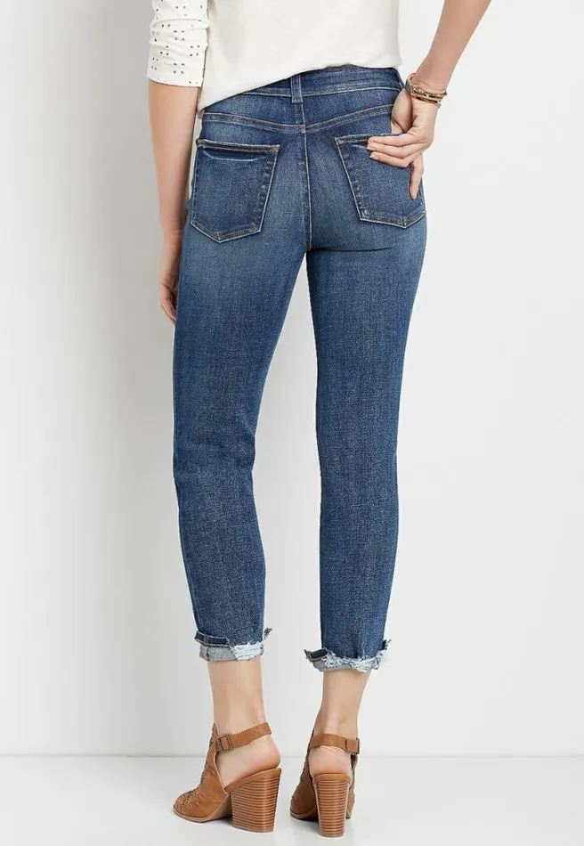 Premium High Rise Dark Destructed Hem Slim Straight Leg Jean Women Maurices Jeans