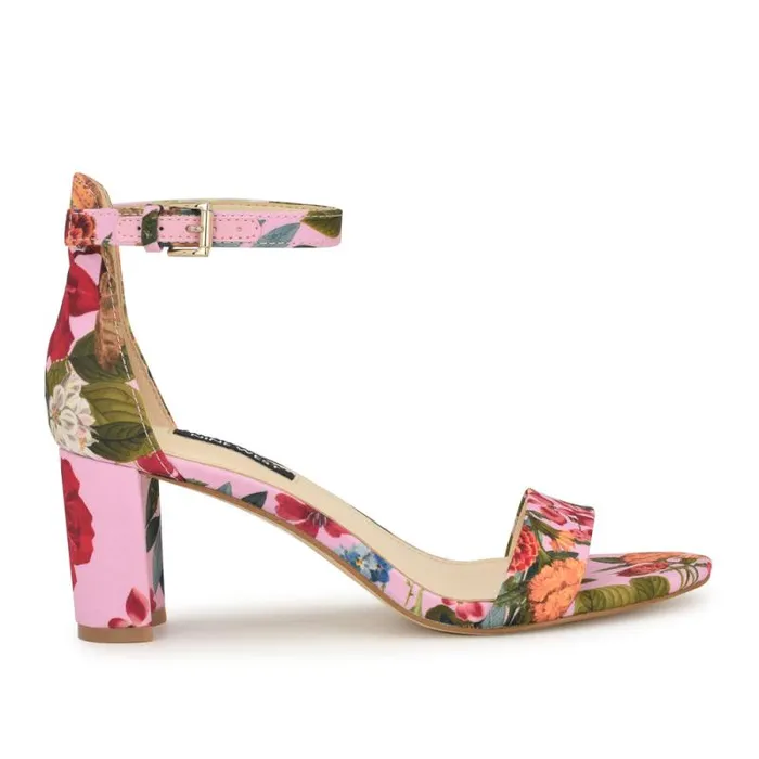Pruce Ankle Strap Block Heel Sandals Pink Floral Women Nine West Heels
