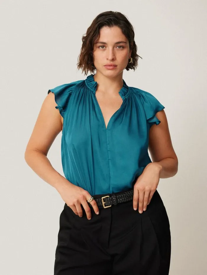 Recycled Satin Frill Neck Top Blue Women Jigsaw Shirts and Tops