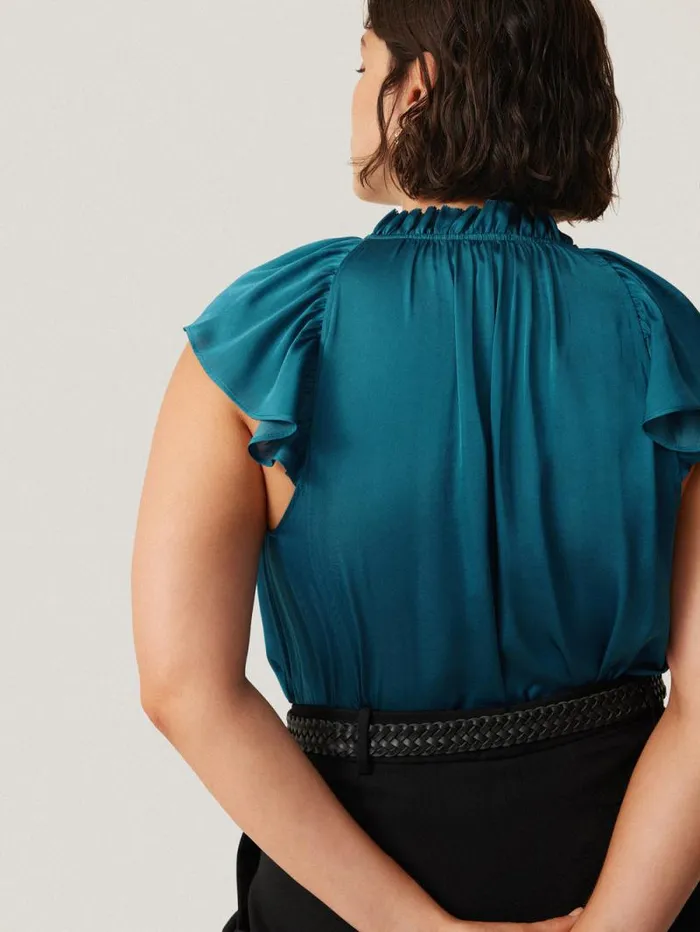 Recycled Satin Frill Neck Top Blue Women Jigsaw Shirts and Tops