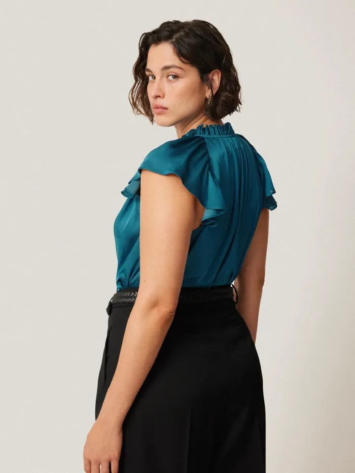 Recycled Satin Frill Neck Top Blue Women Jigsaw Shirts and Tops