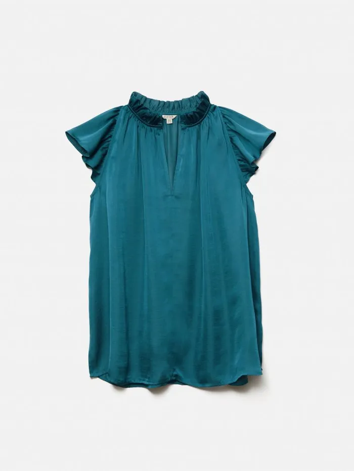 Recycled Satin Frill Neck Top Blue Women Jigsaw Shirts and Tops