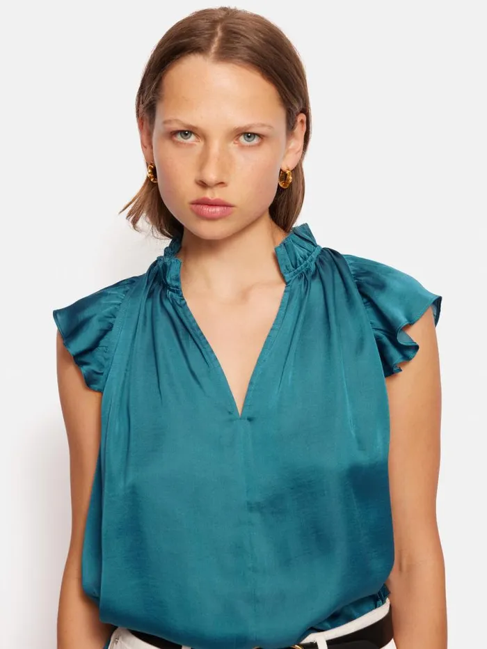 Recycled Satin Frill Neck Top Blue Women Jigsaw Shirts and Tops