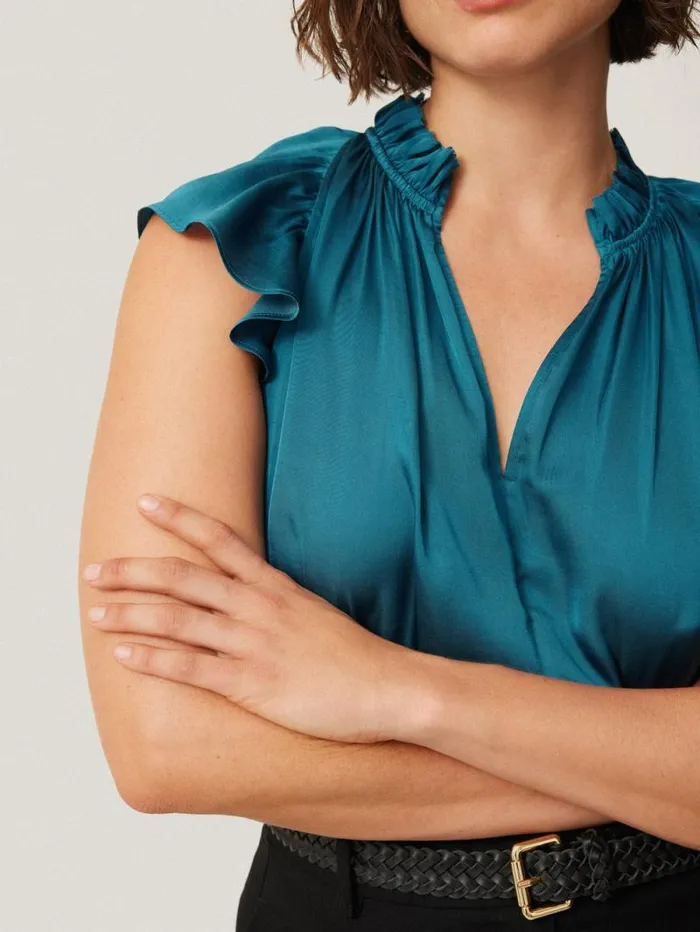 Recycled Satin Frill Neck Top Blue Women Jigsaw Shirts and Tops