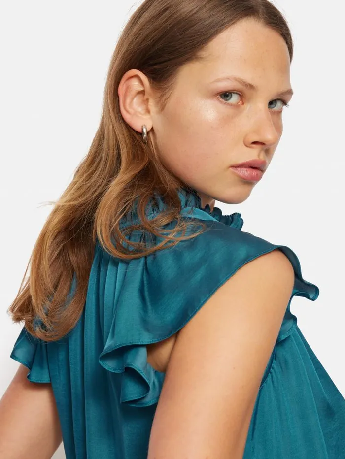 Recycled Satin Frill Neck Top Blue Women Jigsaw Shirts and Tops
