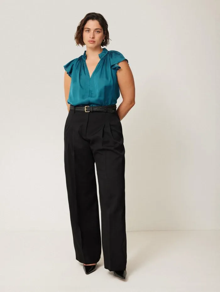 Recycled Satin Frill Neck Top Blue Women Jigsaw Shirts and Tops