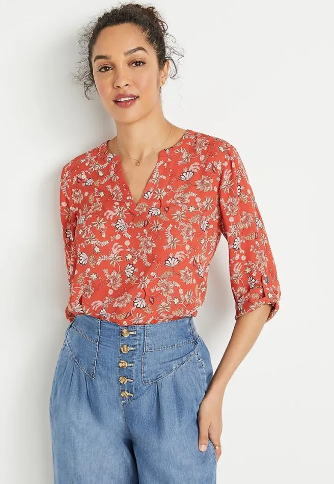 Red Paisley Floral 34 Sleeve Popover Blouse Women Maurices Tops
