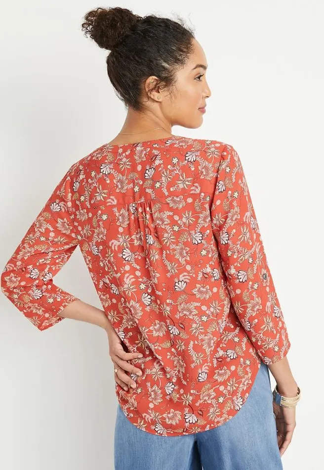 Red Paisley Floral 34 Sleeve Popover Blouse Women Maurices Tops