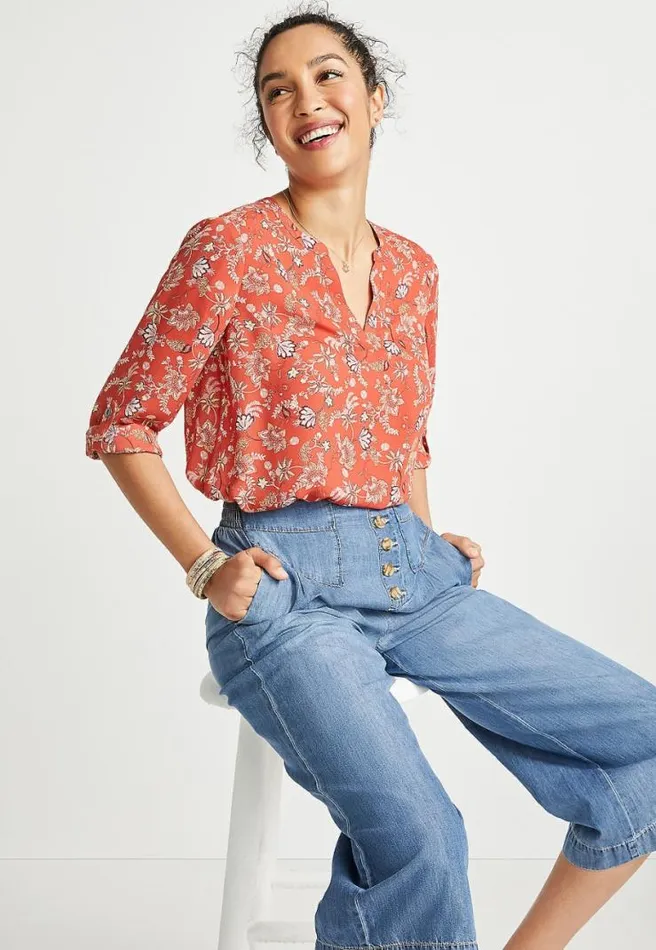 Red Paisley Floral 34 Sleeve Popover Blouse Women Maurices Tops