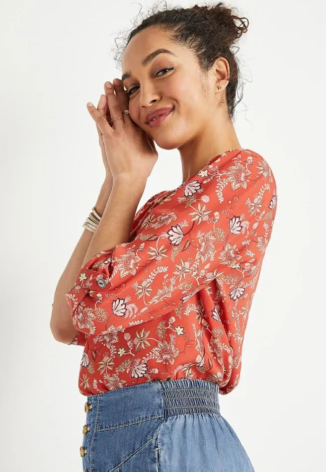 Red Paisley Floral 34 Sleeve Popover Blouse Women Maurices Tops