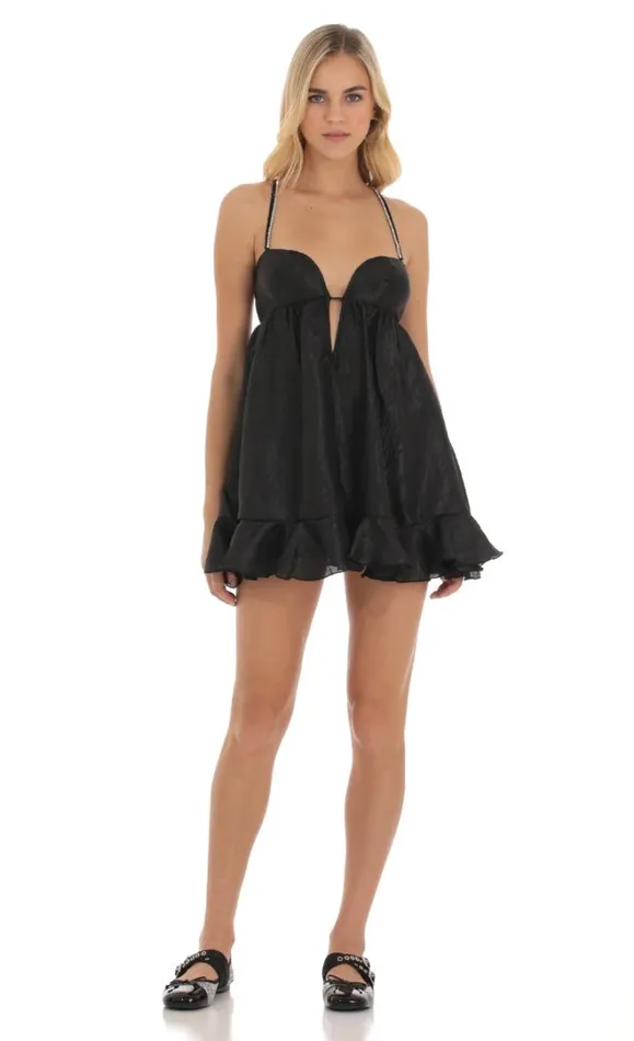 Rhinestone Babydoll Dress Black Women LUCY IN THE SKY Mini Dresses Rhinestone Babydoll Dress Black Women LUCY IN THE SKY Mini Dresses