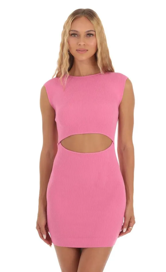 Ribbed Knit Cutout Dress Pink Women LUCY IN THE SKY Mini Dresses