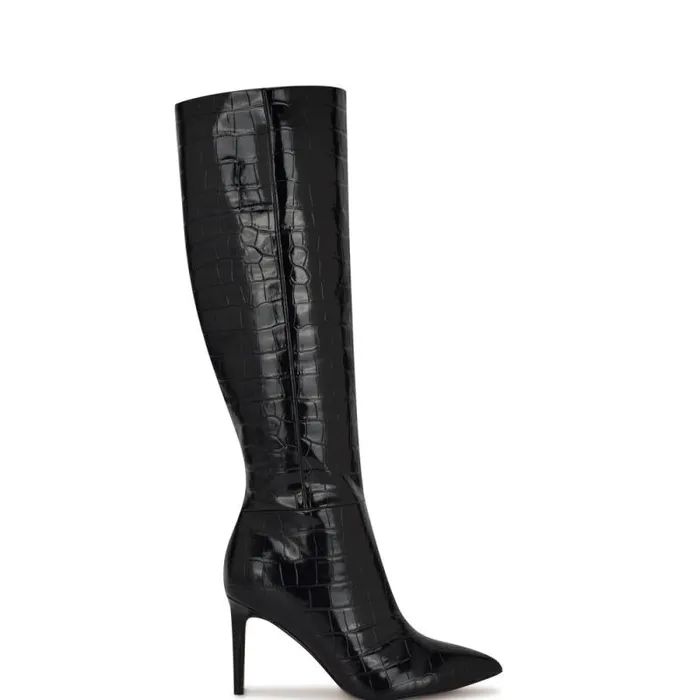 Richy Wide Calf Heeled Boots Black Croco Women Nine West Boots and Booties