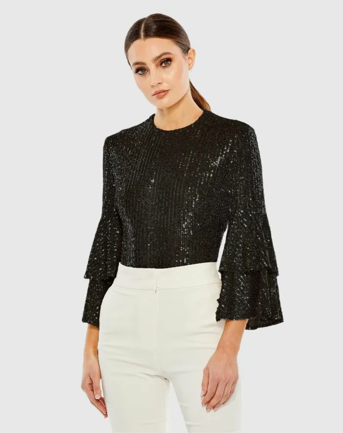 Ruffle 34 Sleeve Sequin Bodysuit 8211 FINAL SALE Black Blouses and Tops Mac Duggal Women