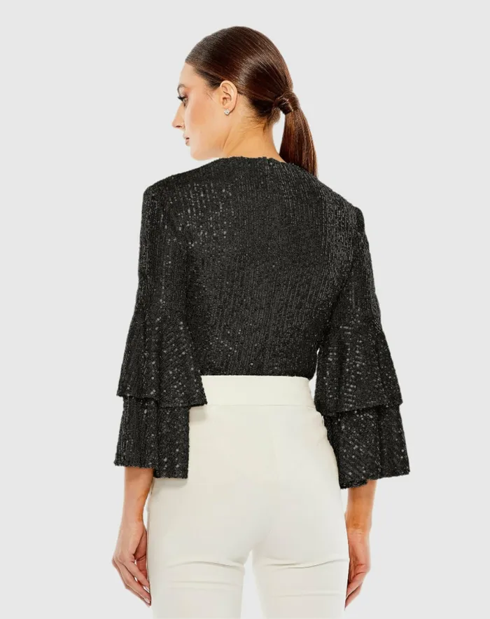 Ruffle 34 Sleeve Sequin Bodysuit 8211 FINAL SALE Black Blouses and Tops Mac Duggal Women