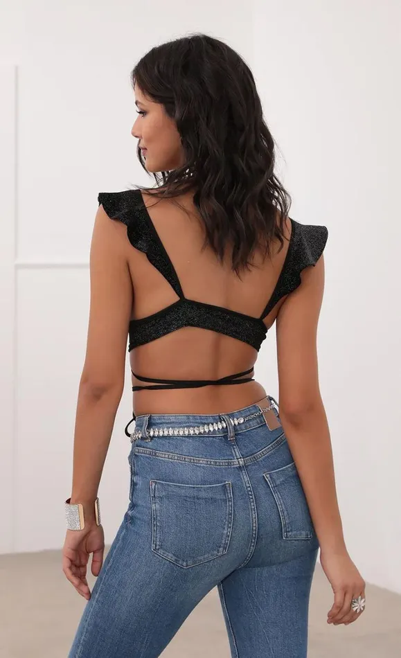Ruffle Crop Top Black Velvet Women LUCY IN THE SKY Tops Ruffle Crop Top Black Velvet Women LUCY IN THE SKY Tops