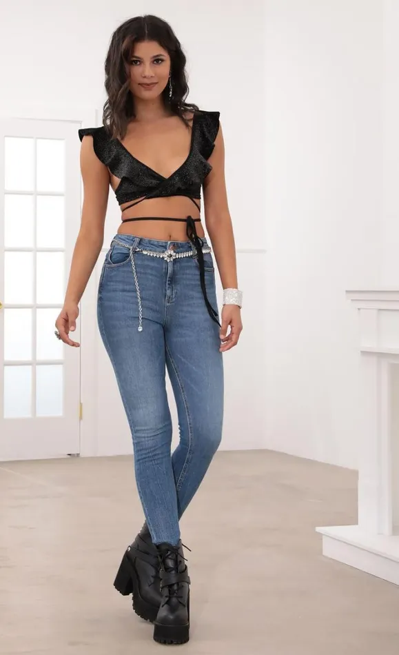 Ruffle Crop Top Black Velvet Women LUCY IN THE SKY Tops Ruffle Crop Top Black Velvet Women LUCY IN THE SKY Tops