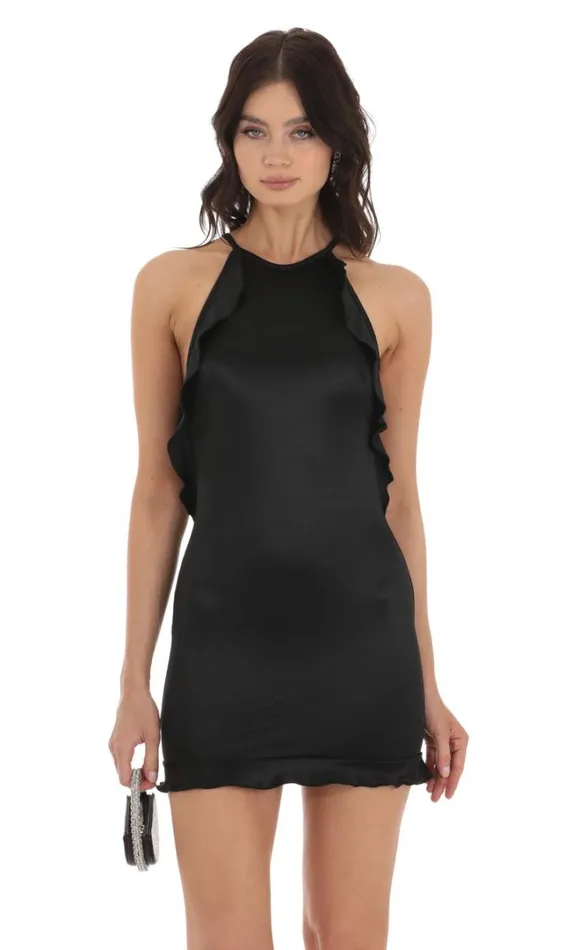 Ruffle Halter Dress Black Women LUCY IN THE SKY Mini Dresses Ruffle Halter Dress Black Women LUCY IN THE SKY Mini Dresses